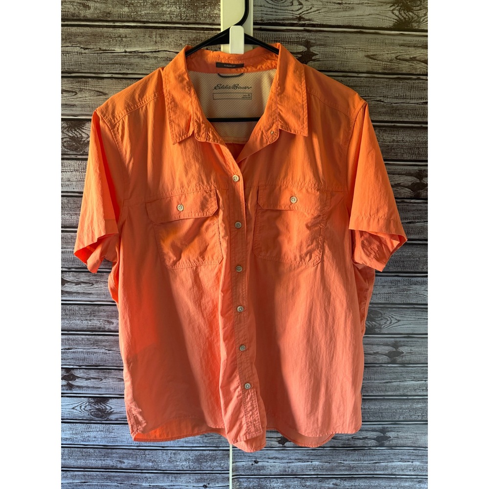 Eddie Bauer Men's Short-Sleeved Button-Down Shirt Size XL Orange Vented Fishing